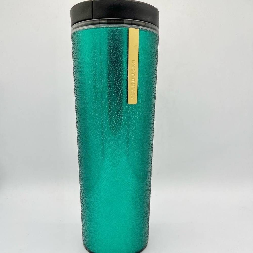 Starbucks Coffee Travel Tumbler Cup Forrest Green Textured Gold Logo 16oz 2013‎